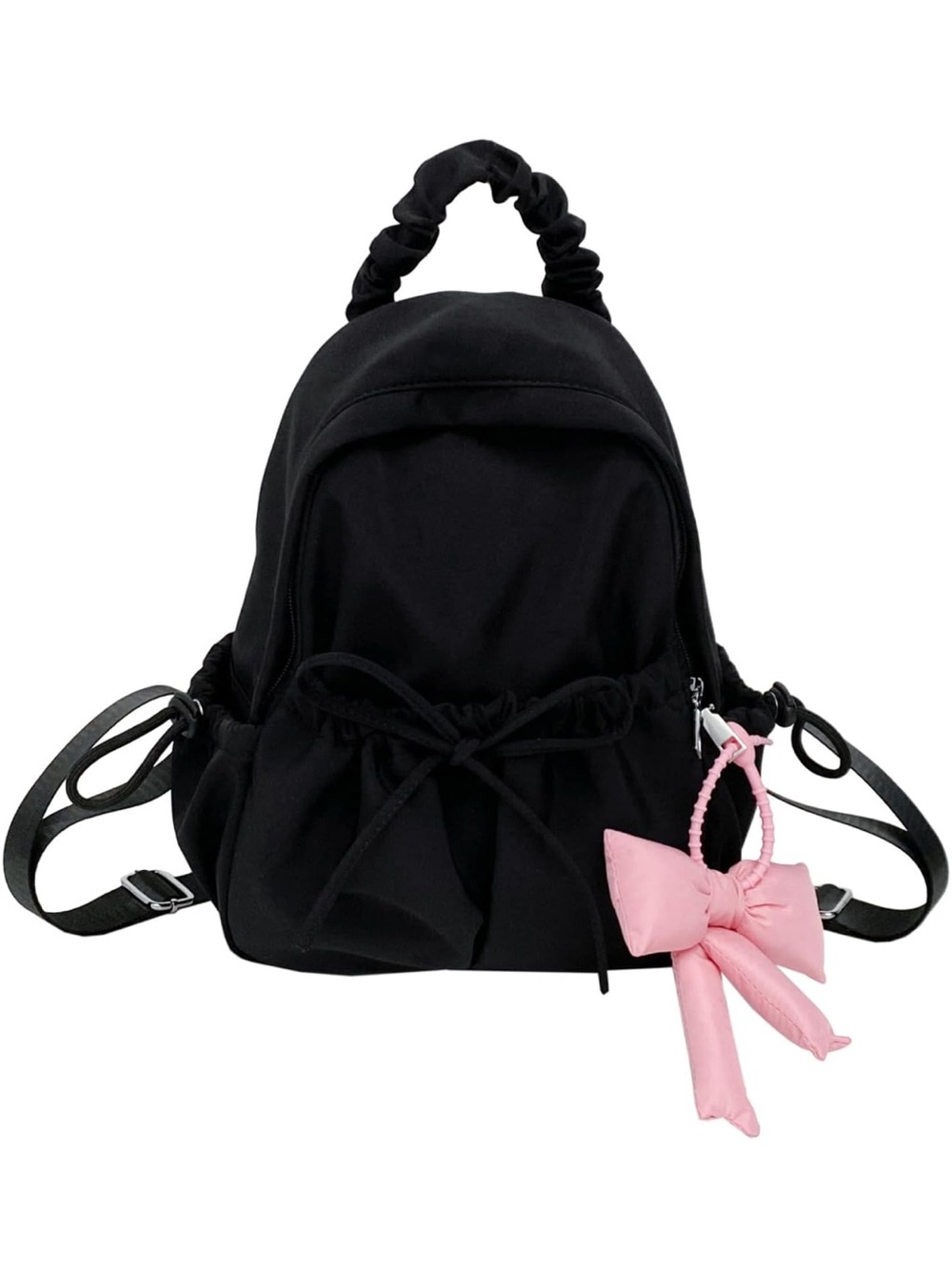 Black Women's Mini Backpack with Pink Bow Charm